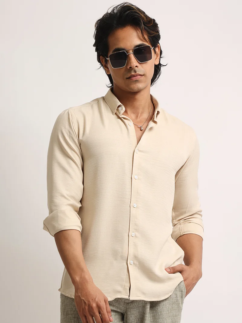 مانياك Maniac Mens Solid collared Neck Full Sleeve Super Twill Fabric Beige Shirt